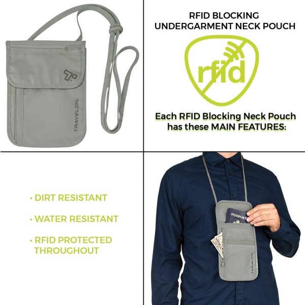 Rfid Blocking Undergarment Neck Pouch Travel Wallet, Gray, One Size - Image 3